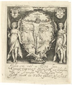 Blazoen of nieuwjaarskaart van de Haarlemse rederijkerskamer De Pellicaen. In het midden in een ovaal Christus aan het kruis hierbij een banderol met het devies Trou moet blycken. Op de ac, NL-HlmNHA 1477 53010805
