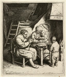 Biddend gezin aan tafel voor de maaltijd. NL-HlmNHA 1477 53010952