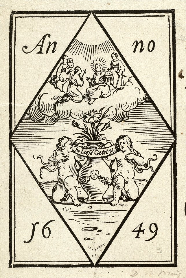 Blazoen van de Haarlemse Vlaamse rederijkerskamer de Witte Angieren, met als lijfspreuk In Liefde getrouw. NL-HlmNHA 1477 53010286