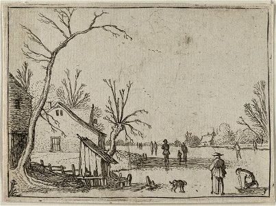 Boerderij bij bevroren rivier en schaatsers op het ijs, NL-HlmNHA 53012205