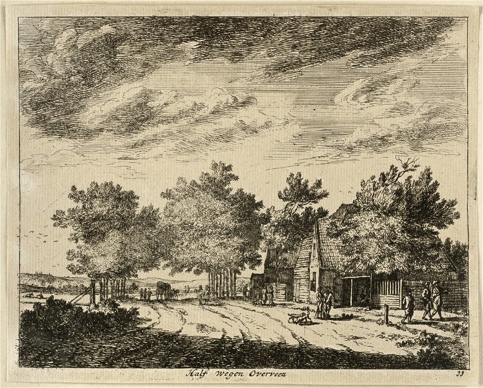 Boerderij gelegen langs een pad. Rechts vijf figuren en twee honden. Op de achtergrond een huifkar. NL-HlmNHA 1477 53012670
