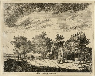 Boerderij gelegen langs een pad. Rechts vijf figuren en twee honden. Op de achtergrond een huifkar. NL-HlmNHA 1477 53012670