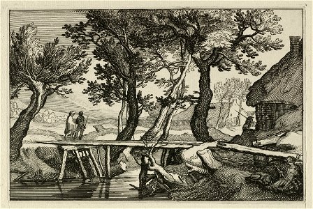 Boerderijen en bruggetje over sloot met reizigers. Rechtsonder zit een vrouw met spinstok. NL-HlmNHA 1477 53013240