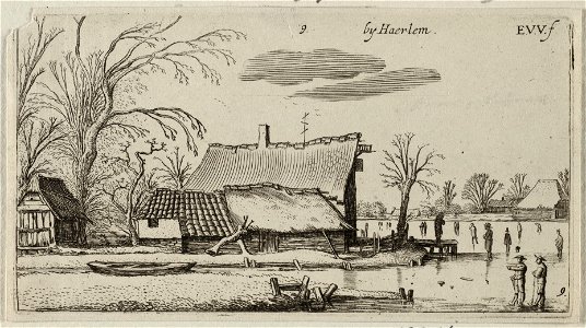 Boerderij bij een bevroren rivier met schaatsers, NL-HlmNHA 53012246