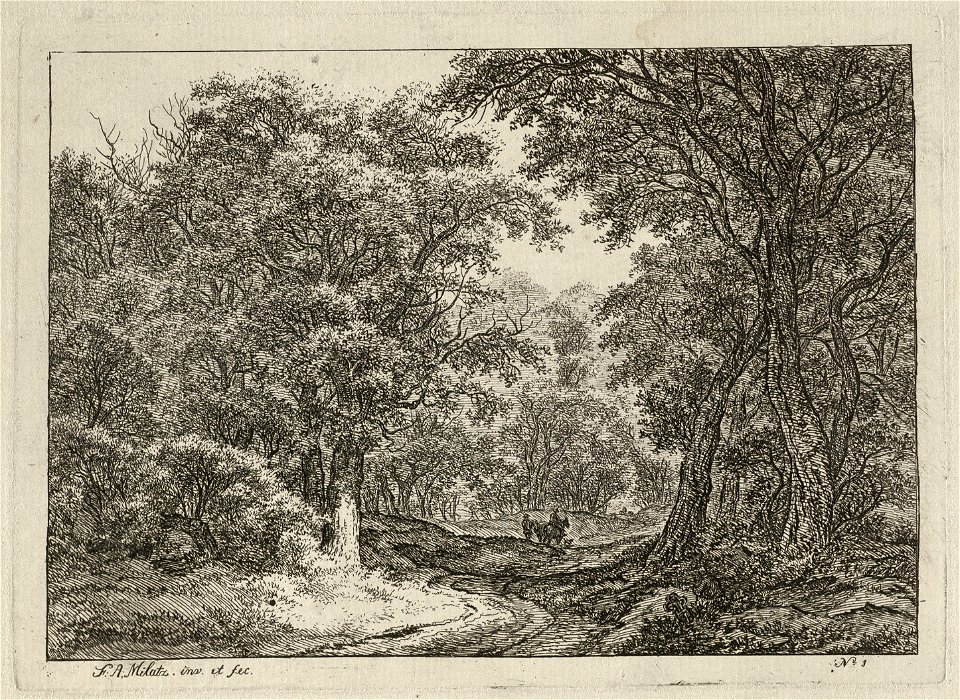 Boslandschap met een wandelaar en een figuurtje te paard. op een bospad. Rechts in de schaduw een zittend figuurtje bij een kruis. NL-HlmNHA 1477 53010897