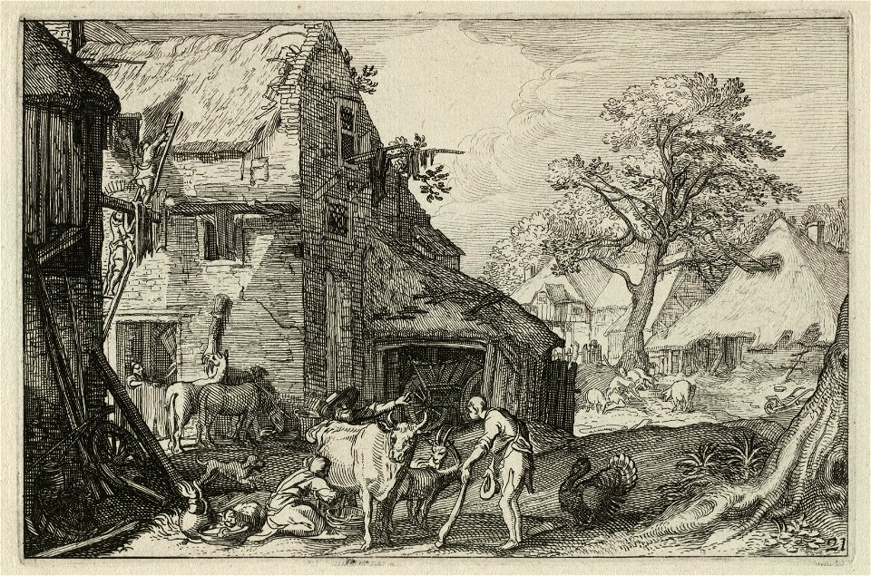 Boerenerf met op de voorgrond een vrouw die een koe melkt en twee mannen die een gesprek voeren. Rechts op de achtergrond een jonge man tussen de zwijnen, mogelijk de verloren zoon. NL-HlmNHA 1477 53013251