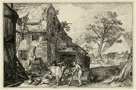 Boerenerf met op de voorgrond een vrouw die een koe melkt en twee mannen die een gesprek voeren. Rechts op de achtergrond een jonge man tussen de zwijnen, mogelijk de verloren zoon. NL-HlmNHA 1477 53013251