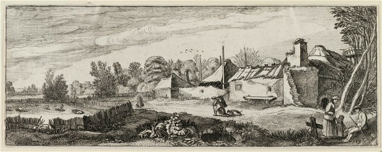 Boerderij in een landschap met figuren, o.a. een zittende man en een staande vrouw met kind aan de hand. NL-HlmNHA 53012509