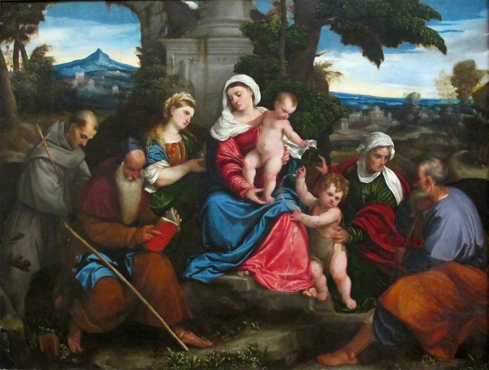 Bonifacio veronese, sacra famiglia con santi, 1533 ca.