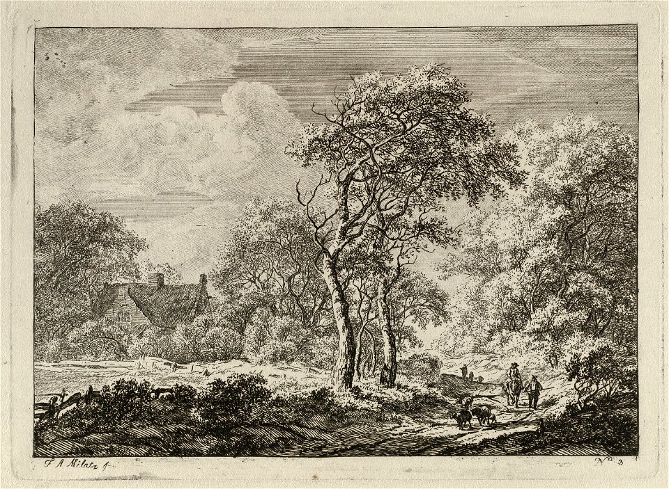 Boomrijk landschap met rechts een ruiter en een lopende man op een weg. Voor hen uit schapen. Links tussen de bomen een huis. NL-HlmNHA 1477 53010899