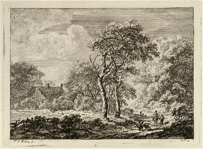 Boomrijk landschap met rechts een ruiter en een lopende man op een weg. Voor hen uit schapen. Links tussen de bomen een huis. NL-HlmNHA 1477 53010899