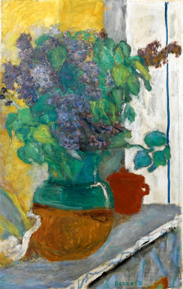 Purple lilac in a yellow and green earthenware vase, Pierre Bonnard, 1930