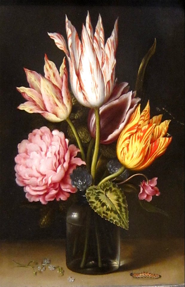 'Still Life with Bouquet of Tulips, a Rose, Clover, and Cyclamen in a Green Glass Bottle' by Ambrosius Bosschaert