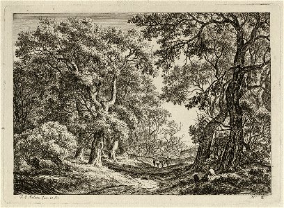 Boslandschap met figuurtjes te paard op een bospad. Rechts een zittend figuurtje. NL-HlmNHA 1477 53010898