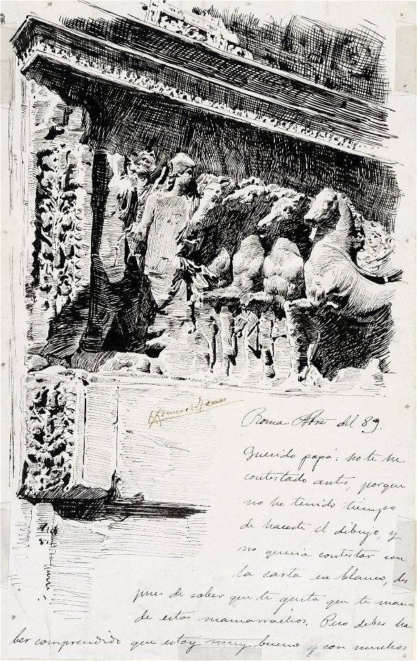 Carta con dibujo del Desfile del Emperador, del Arco de Tito en Roma - Rafael Romero de Torres