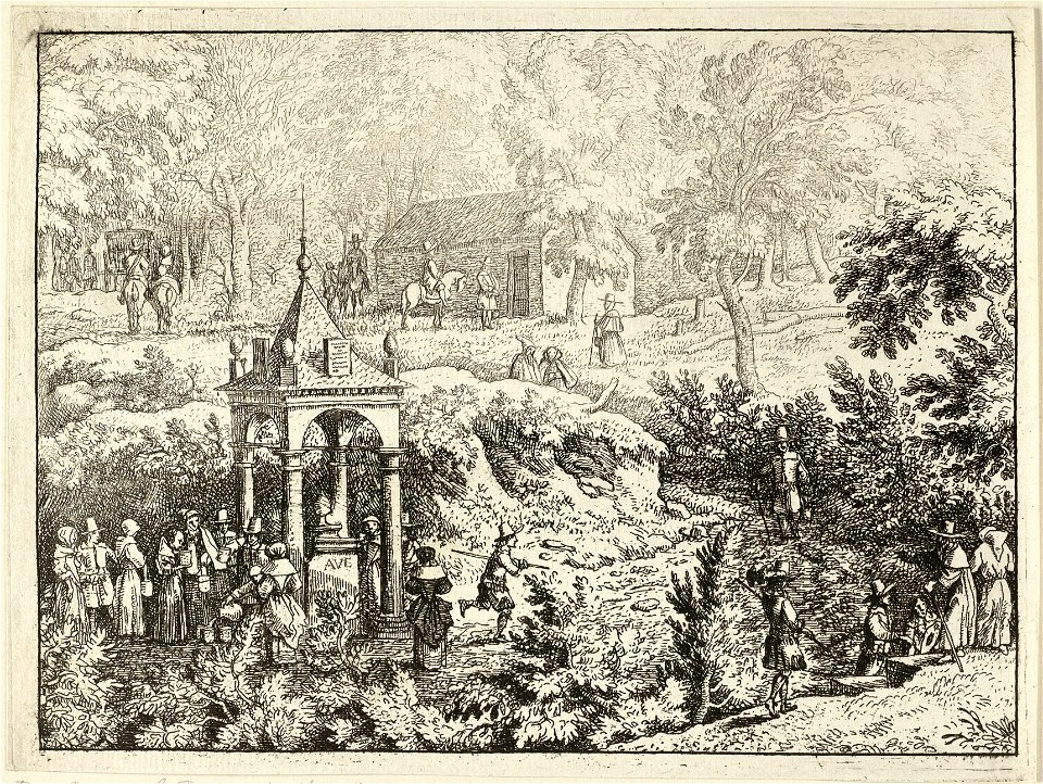 Boslandschap met op de voorgrond een brongebouwtje waar mensen op hun beurt wachten om water te halen of staan te drinken. Op de achtergrond een stenen gebouw. NL-HlmNHA 1477 53008026 K