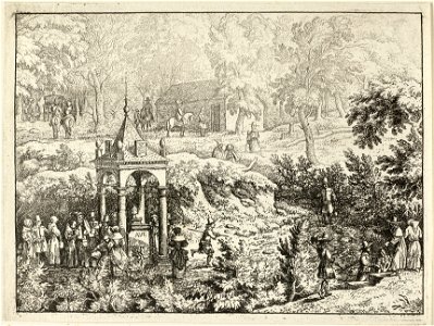 Boslandschap met op de voorgrond een brongebouwtje waar mensen op hun beurt wachten om water te halen of staan te drinken. Op de achtergrond een stenen gebouw. NL-HlmNHA 1477 53008026 K