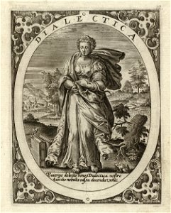 Dialectica, het logisch redeneren een vrouw staand in een landschap, in een ovaal. Ze telt haar argumenten op met haar vingers. Een aal is rond haar arm gedraaid. Op het boek een ekster en , NL-HlmNHA 1477 53008342