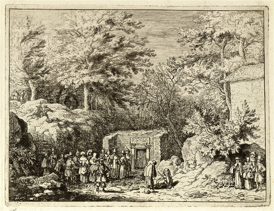 Boslandschap met aan de voet van een heuvel een groep mensen bij een waterbron. NL-HlmNHA 1477 53008027 K