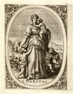 Charitas, de naasten liefde een vrouw met kinderen staand in een ovaal, in een landschap. In de hoeken rolwerk ornamenten. Prent uit een ongenummerde serie van zeven prenten met de personif, NL-HlmNHA 1477 53008350