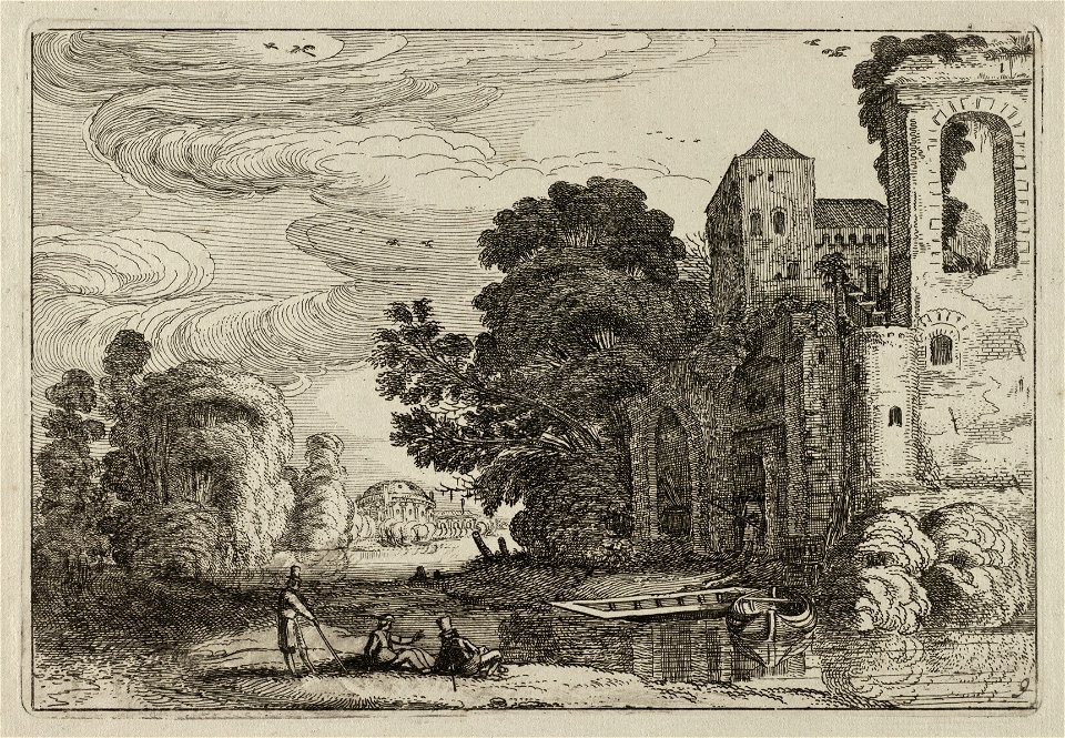 Drie figuren op een oever van een rivier bij een kasteel. NL-HlmNHA 53012456