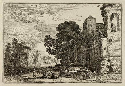 Drie figuren op een oever van een rivier bij een kasteel. NL-HlmNHA 53012456