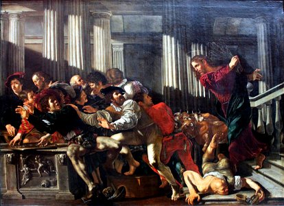 1610 Cecco del Caravaggio Christ expulses money changers anagoria. Free illustration for personal and commercial use.