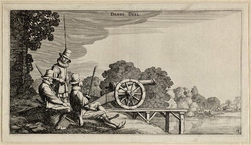 Drie soldaten bij een kanon op een steiger aan een rivier. NL-HlmNHA 53012562