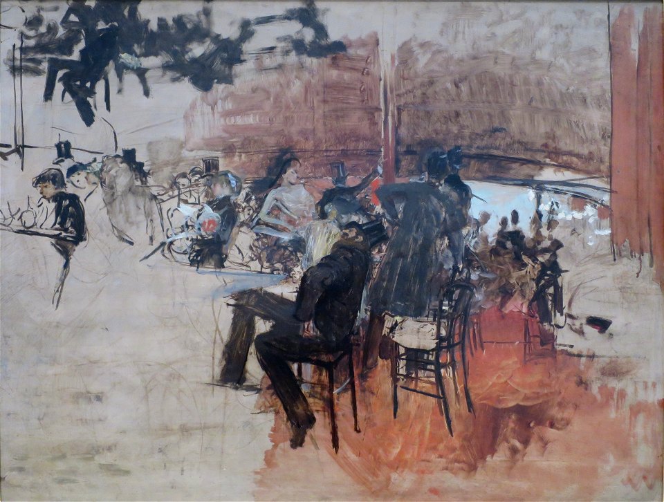 Café Scene by Giovanni Boldini, c. 1887, oil on panel, California Palace of the Legion of Honor