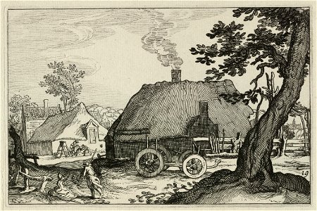 Boomrijk landschap met drie naast elkaar gelegen boerderijen. Voor een van de boerderijen staat een chassis van een kar en links staan twee figuren. Rechts op de achtergrond een kerk. NL-HlmNHA 1477 53013249