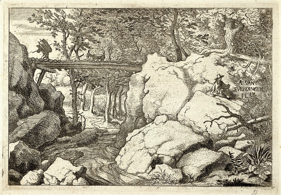 Bosachtig landschap met hoge rotspartijen aan weerszijden van een beek. Over het water een houten brug waar een geit en een man met een mand op zijn rug lopen. Een tweede persoon zit op een , NL-HlmNHA 1477 53007981 K