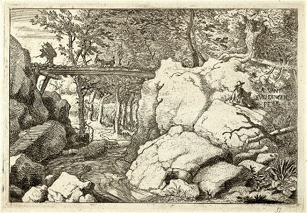 Bosachtig landschap met hoge rotspartijen aan weerszijden van een beek. Over het water een houten brug waar een geit en een man met een mand op zijn rug lopen. Een tweede persoon zit op een , NL-HlmNHA 1477 53007981 K