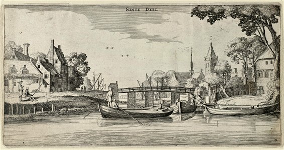 Boten bij een aanlegsteiger in een dorp. NL-HlmNHA 53012388