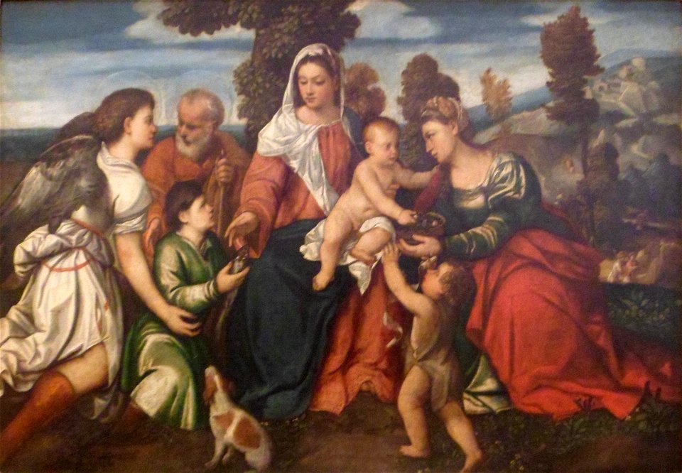 Bonifacio Veronese - Sacra Conversación o Sagrada familia con Tobias y el Ángel, y los santos Dorotea, Giovannino, Juan Bautista niño y detrás el milagro del campo de trigo - 1550