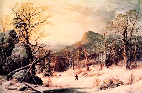 George Henry Durrie - Hunter in Winter Wood. Free illustration for personal and commercial use.