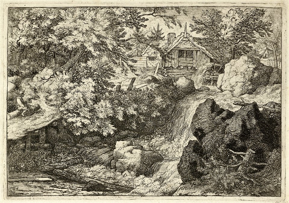 Boslandschap met een waterval en een watermolen. Op het pad langs het water zit een man op een boomstam. NL-HlmNHA 1477 53008030 K