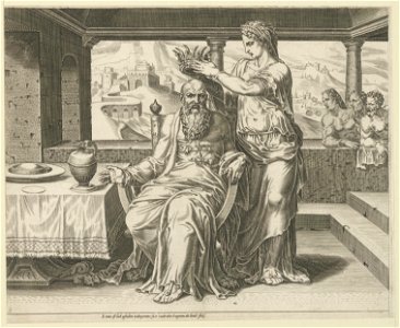 De deugdzame vrouw plaatst een kroon op het hoofd van haar man, die voor haar zit. Op de achtergrond de ouderen van de stad die in bewondering naar de man kijken. De afbeelding is gebaseerd , NL-HlmNHA 53007822