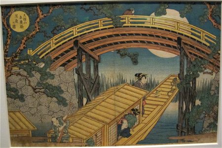 Gakutei harunobu, il ponte di suehiro al monte tenpo al chiar di luna, XIX sec