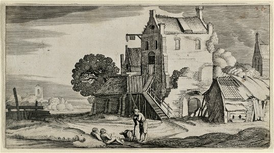 Drie converserende figuren bij een herberg. NL-HlmNHA 53012381