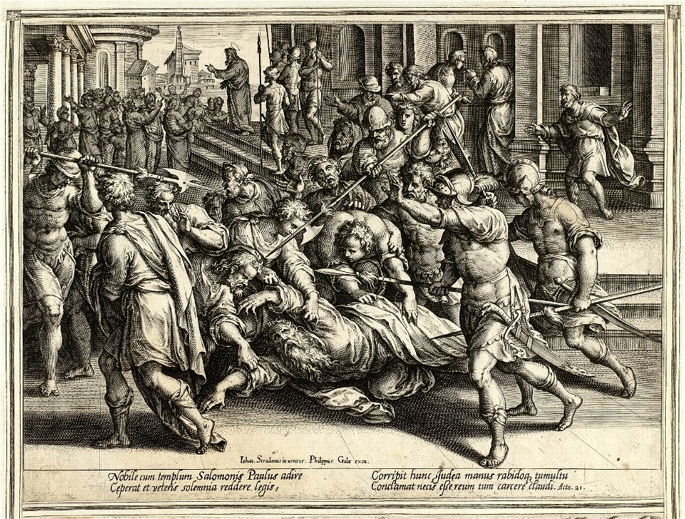 Dertiende prent uit de ongenummerde, achttiendelige prentenserie getiteld 'Acta Apostolorum' 'Handelingen van de apostelen'. NL-HlmNHA 1477 53008159
