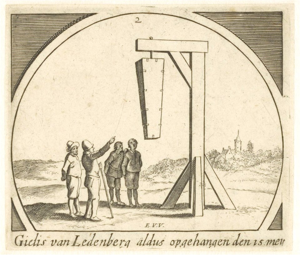 Doodskist met het lichaam van Gilles van Leedenberch aan een galg opgehangen. NL-HlmNHA 53012236
