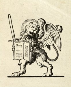 Een gevleugelde, staande leeuw met geopend boek en zwaard in de poten. Rond de kop van de leeuw een aureool of nimbus. NL-HlmNHA 1477 53010255
