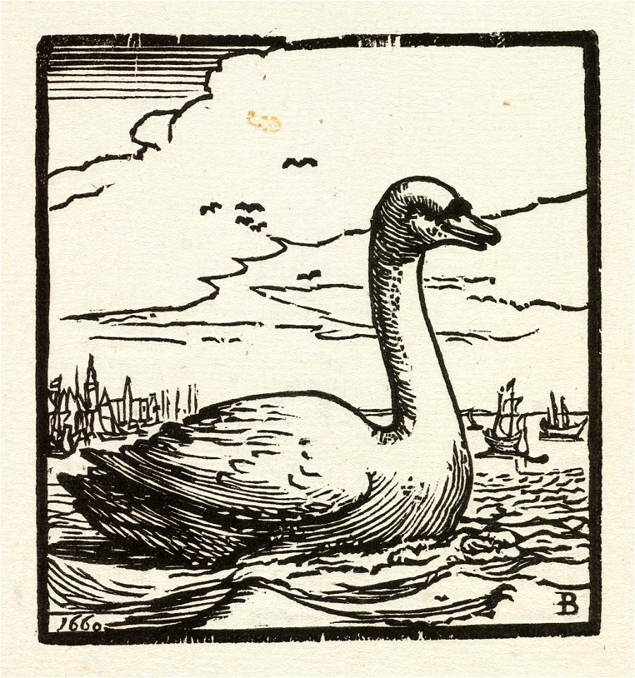 Een zwaan in het water. Op de achtergrond bootjes. NL-HlmNHA 1477 53010246