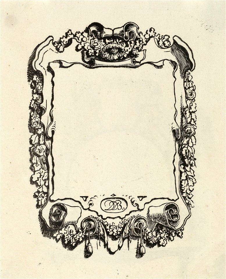 Een ornamentele rolwerkcartouche lijst, met florale guirlandes, festoenen, linten en strikken. NL-HlmNHA 1477 53010265
