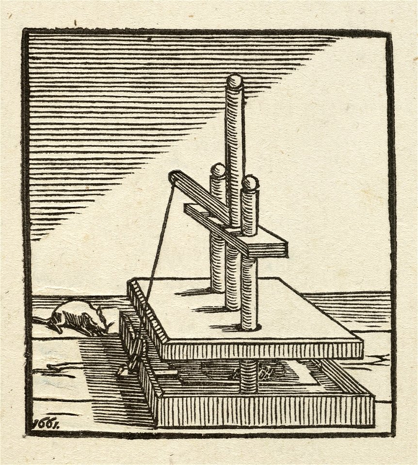 Een ratten- of muizenval in de vorm van een boeken- of linnenpers. NL-HlmNHA 1477 53010253