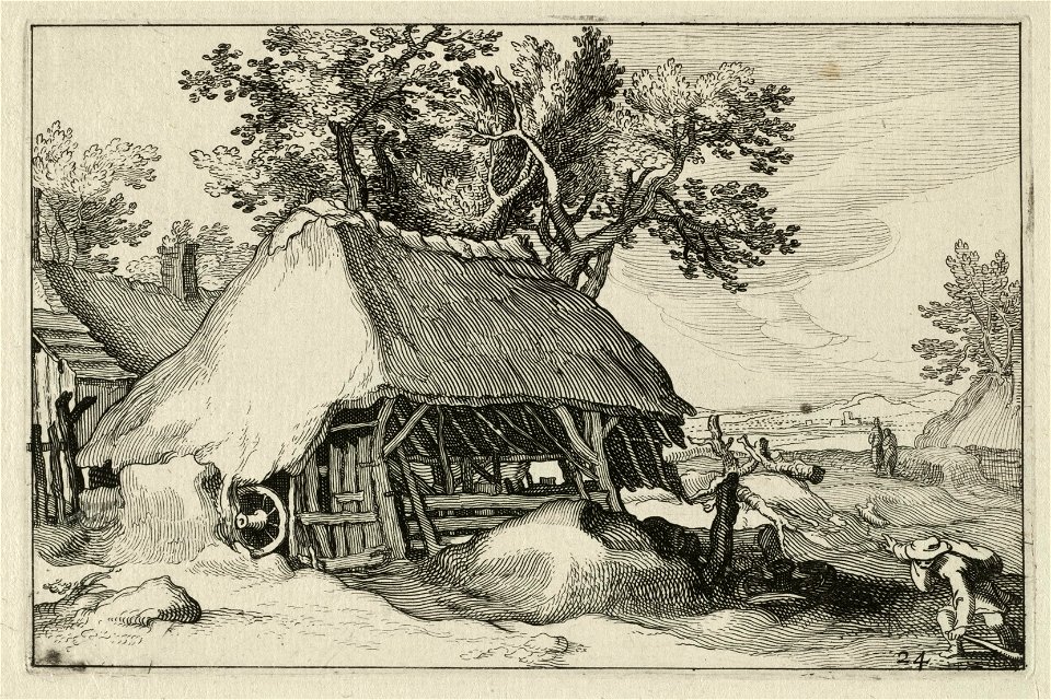 Een vervallen schuur bij een boom op een boerenerf. Rechts en in de verte reizigers en zicht op een stadje. NL-HlmNHA 1477 53013254