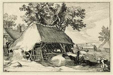 Een vervallen schuur bij een boom op een boerenerf. Rechts en in de verte reizigers en zicht op een stadje. NL-HlmNHA 1477 53013254