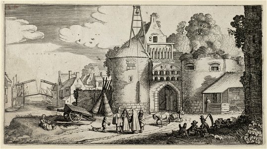Een elegant gezelschap en rustende maaiers bij een stadspoort. Links een moeder met een kind op schoot en in het midden en man met een paard die een ton op een slede trekt. Bij het elegant g, NL-HlmNHA 53012379