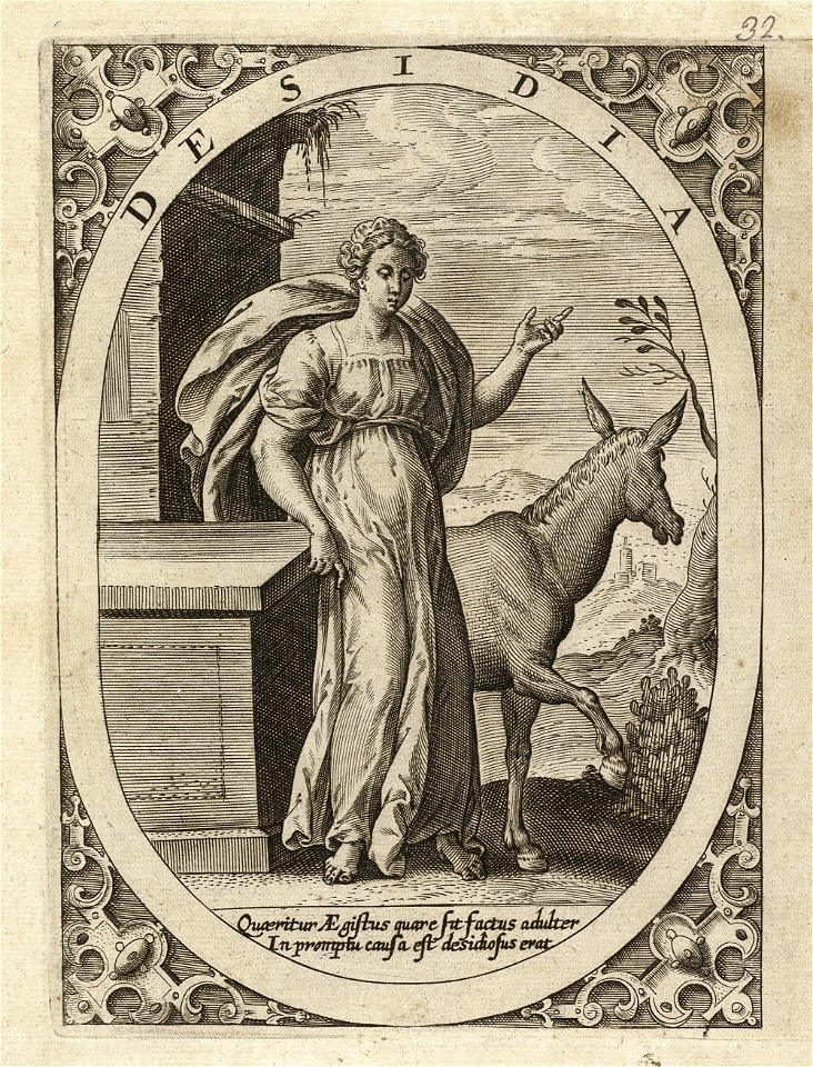 Desidia of Acidia, de gemakzucht - traagheid - luiheid - vadsigheid een vrouw staand in een landschap, in een ovaal. Achter haar een ezel. In de hoeken rolwerk ornamenten. Prent uit een ong, NL-HlmNHA 1477 53008362