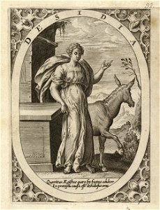 Desidia of Acidia, de gemakzucht - traagheid - luiheid - vadsigheid een vrouw staand in een landschap, in een ovaal. Achter haar een ezel. In de hoeken rolwerk ornamenten. Prent uit een ong, NL-HlmNHA 1477 53008362